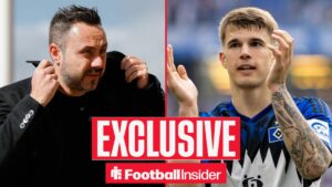 Football Insider exclusive as Tottenham manager Roberto De Zerbi adjusts his coat, while Luka Vuskovic applauds on the other side of a split image.