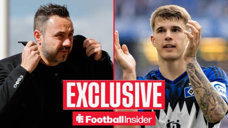 Football Insider exclusive as Tottenham manager Roberto De Zerbi adjusts his coat, while Luka Vuskovic applauds on the other side of a split image.