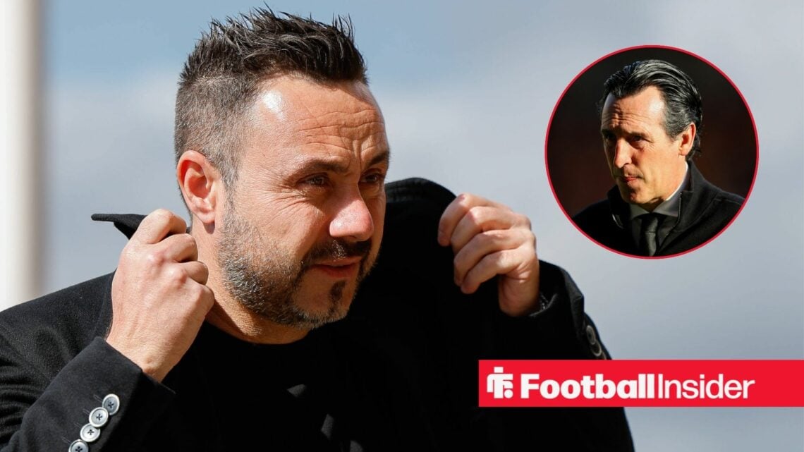 Tottenham manager Roberto De Zerbi adjusts his coat ahead of a game, as Aston Villa boss Unai Emery watches from a circular inset.