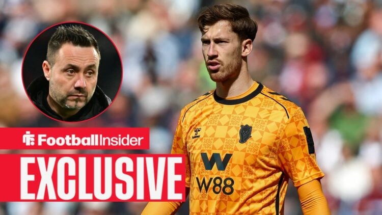 Football Insider exclusive as Sunderland goalkeeper Robin Roefs is in action during a game, while Tottenham manager Roberto De Zerbi watches from a...