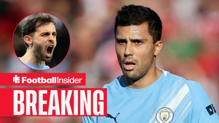 Rodri in action for Man City, with Bernardo Silva in a circular inset