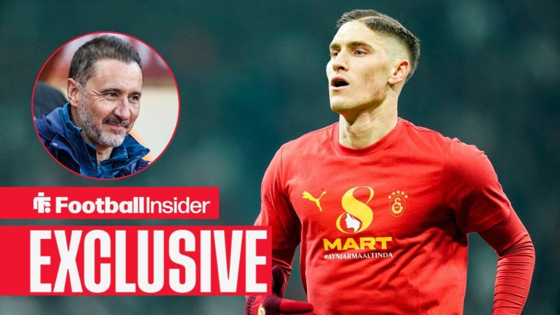 Football Insider exclusive as Galatasaray defender Roland Sallai warms up for a game, while Nottingham Forest manager Vitor Pereira smiles in a cir...