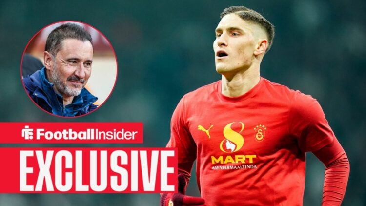 Football Insider exclusive as Galatasaray defender Roland Sallai warms up for a game, while Nottingham Forest manager Vitor Pereira smiles in a cir...