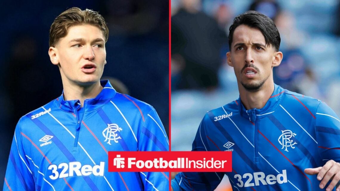 Rangers striker Ryan Naderi stares across a split image towards Bojan Miovski, as the pair warm up for a game.