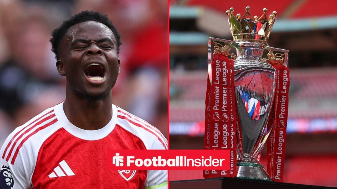 Bukayo Saka on left Premier League trophy on right