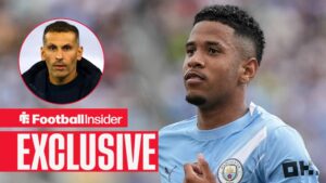 Football Insider exclusive as Manchester City winger Savinho is in action during a game, while chairman Khaldoon Al Mubarak watches from a circular inset.