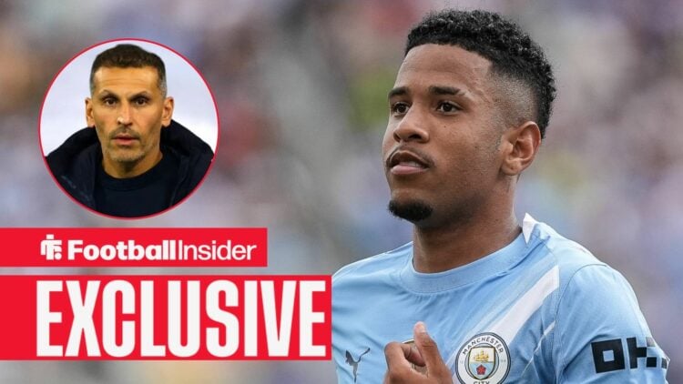 Football Insider exclusive as Manchester City winger Savinho is in action during a game, while chairman Khaldoon Al Mubarak watches from a circular...