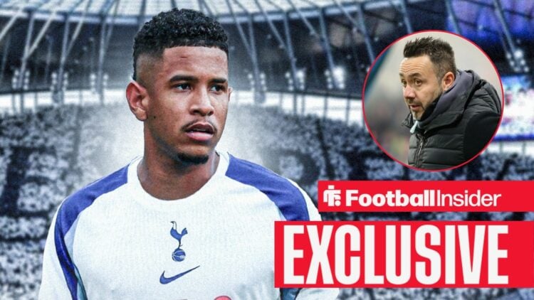 Football Insider exclusive as Savinho is in action wearing a Tottenham shirt, while manager Roberto De Zerbi watches from a circular inset.