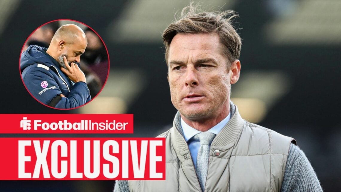 Football Insider exclusive as Scott Parker looks towards West Ham manager Nuno Espirito Santo, who stares at the ground in a circular inset.