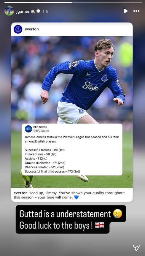 Everton midfielder James Garner posts to Instagram