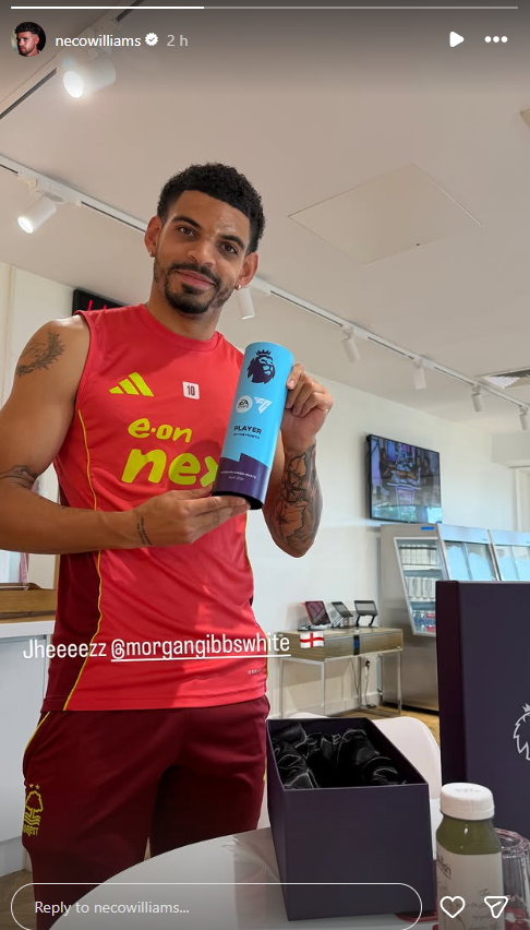 Neco Williams' Instagram story with a picture of Nottingham Forest captain Morgan Gibbs-White