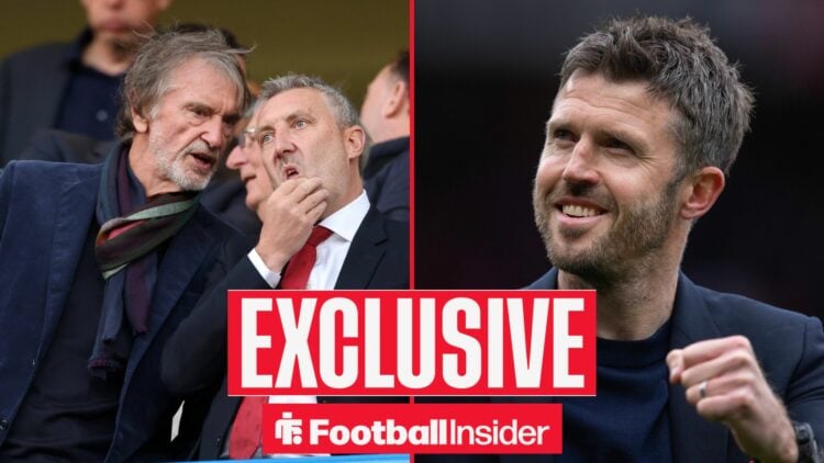 Manchester United co-owner Sir Jim Ratcliffe and director of football Jason Wilcox talking alongside a happy Michael Carrick