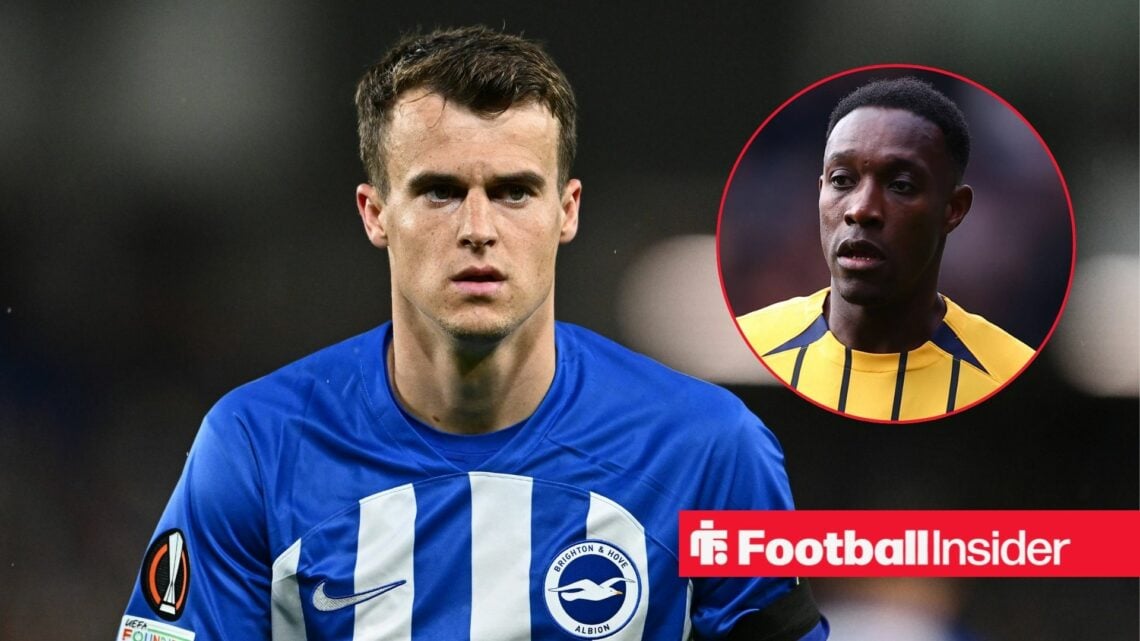 Brighton forward Solly March alongside a circular inset of Brighton striker Danny Welbeck