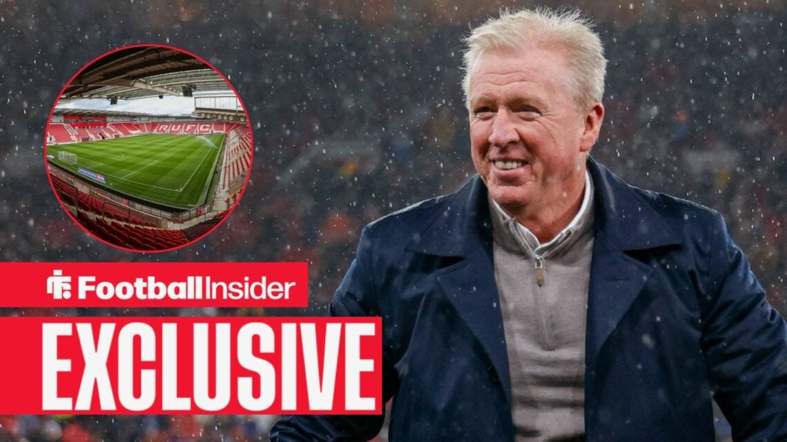 Football Insider exclusive as Steve McClaren stands in the rain, while Rotherham's New York Stadium features in a circular inset.