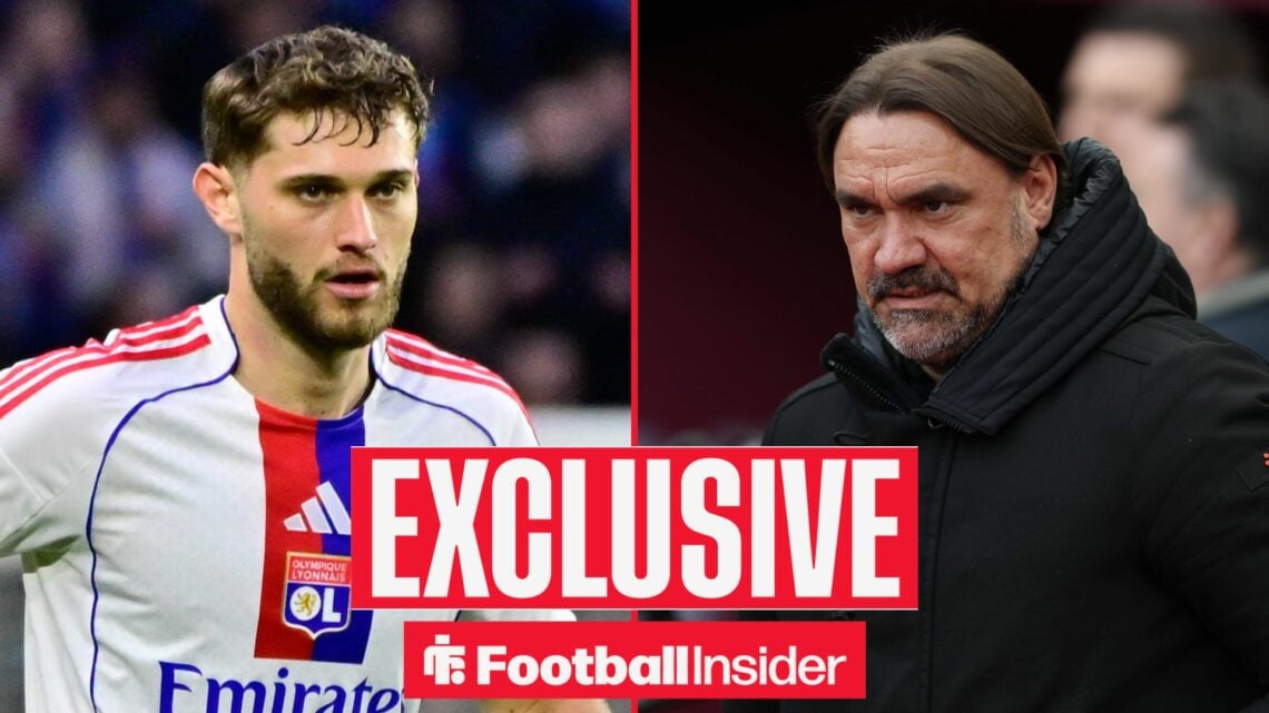 Football Insider exclusive as Lyon midfielder Tanner Tessmann is in action during a game, while Leeds manager Daniel Farke watches from the other s...