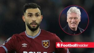 Taty Castellanos in action for West Ham, with David Moyes in a circular inset