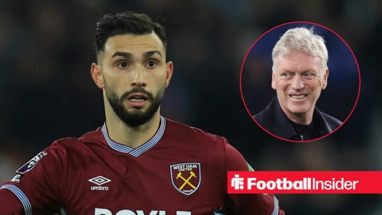 Taty Castellanos in action for West Ham, with David Moyes in a circular inset
