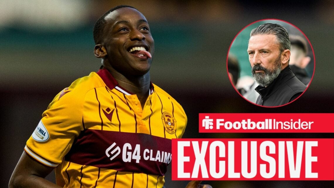 Football Insider exclusive as Motherwell striker Tawanda Maswanhise smiles while celebrating a goal, while Hearts boss Derek McInnes watches from a...