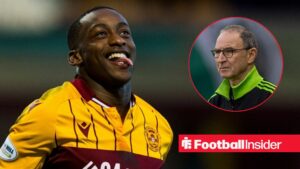Tawanda Maswanhise in action for Motherwell, with Martin O'Neill in a circular inset