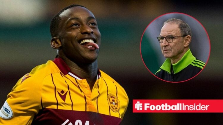 Tawanda Maswanhise in action for Motherwell, with Martin O'Neill in a circular inset