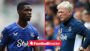 Thierno Barry of Everton during the Everton vs Crystal Palace Premier League match at Hill Dickinson Stadium, Liverpool, 5 October, 2025 / Everton versus Roma Everton manager David Moyes follows the action from the touchline