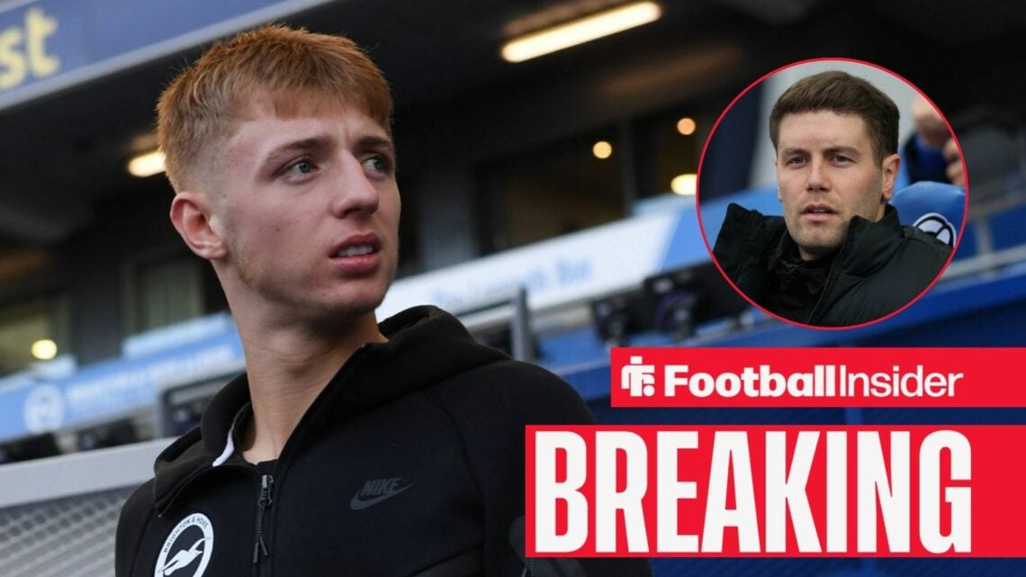 Tommy Watson on the sidelines at Brighton, with Fabian Hurzeler in a circular inset