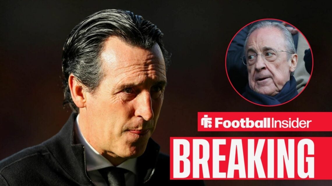 Unai Emery on the sidelines at Aston Villa, with Florentino Perez in a circular inset