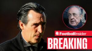 Unai Emery on the sidelines at Aston Villa, with Florentino Perez in a circular inset