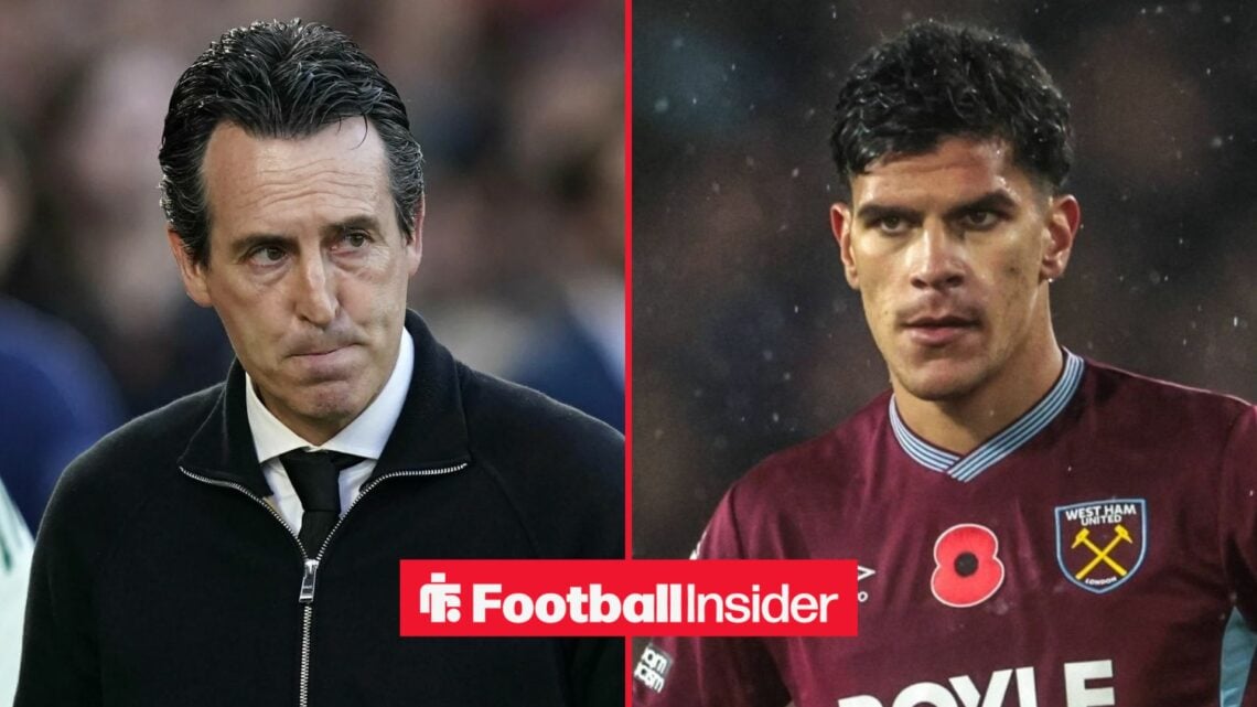 Unai Emery on the sidelines at Aston Villa, with Mateus Fernandes in action for West Ham