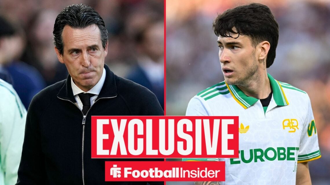 Football Insider exclusive as Aston Villa manager Unai Emery stares across a split image towards Roma midfielder Matias Soule, who is in action dur...