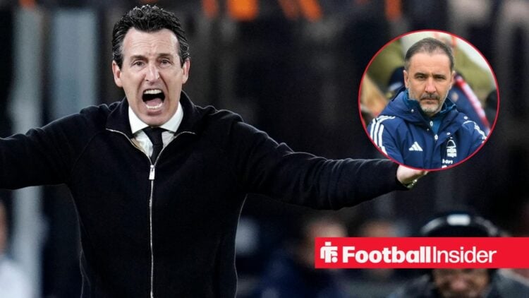 Aston Villa manager Unai Emery shouts with his arms outstretched on the touchline, as Nottingham Forest boss Vitor Pereira watches from a circular ...