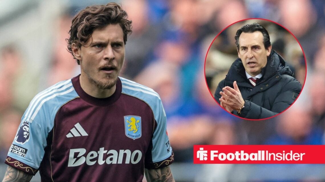Victor Lindelof of Aston Villa reacts as he comes on during the Premier League match Everton vs Aston Villa at Hill Dickinson Stadium, Liverpool, U...
