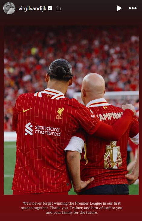 Liverpool defender Virgil van Dijk alongside former boss Arne Slot at Anfield.