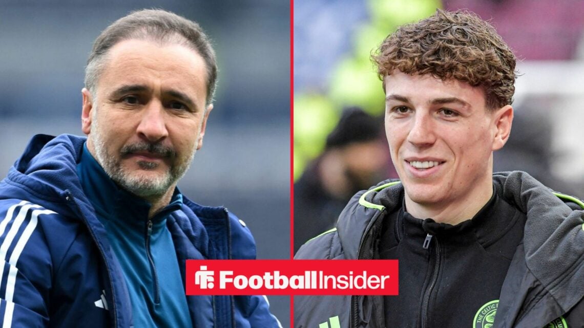 Nottingham Forest manager Vitor Pereira stares across a split image towards Celtic midfielder Arne Engels, who smiles ahead of a game.
