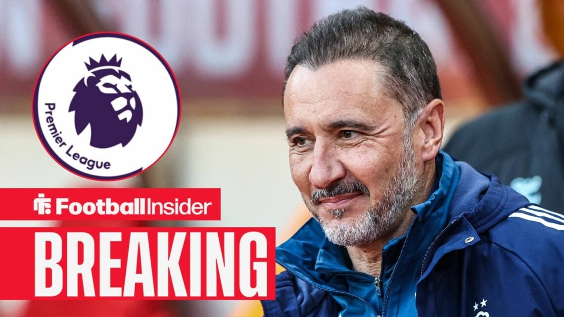 Nottingham Forest manager Vitor Pereira smiles towards a circular inset, which features the Premier League badge.
