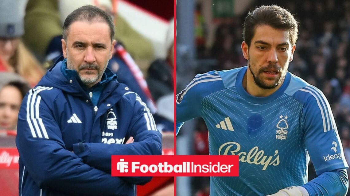 Nottingham Forest manager Vitor Pereira stands with his arms folded, as Stefan Ortega is in action on the other side of a split image.