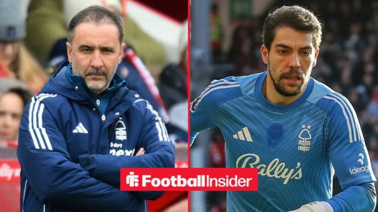 Nottingham Forest manager Vitor Pereira stands with his arms folded, as Stefan Ortega is in action on the other side of a split image.