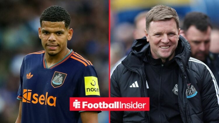 Newcastle forward Will Osula in action during a game, as manager Eddie Howe grins on the other side of a split image.
