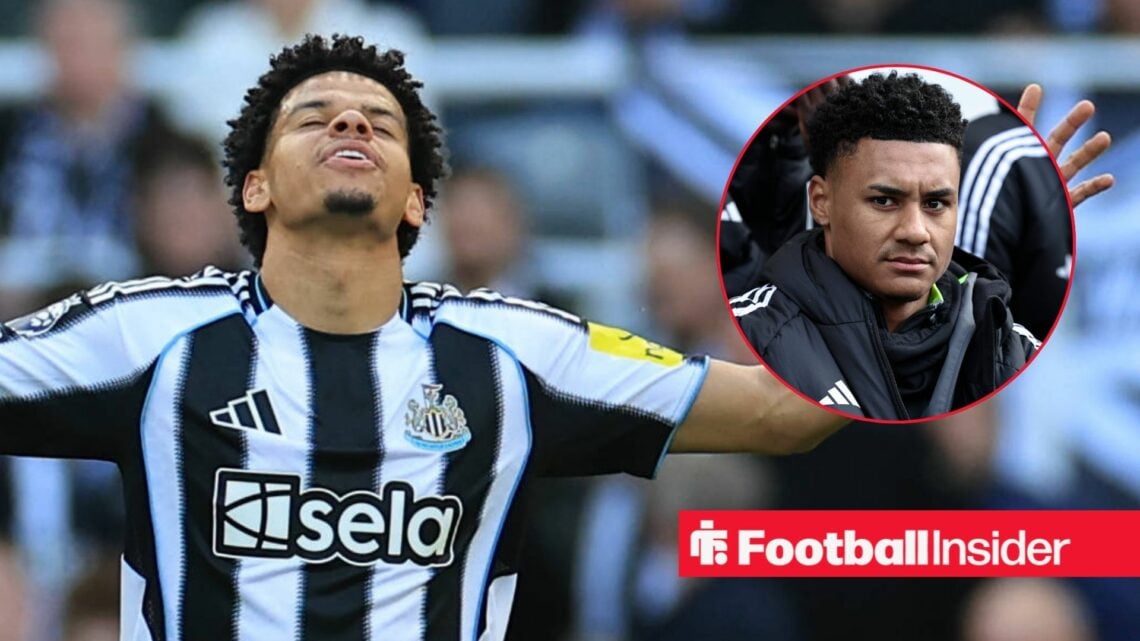 Newcastle forward Will Osula stares at the sky during a game, as Aston Villa star Ollie Watkins watches from the bench in a circular inset.