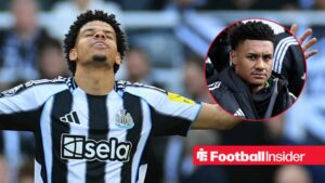 Newcastle forward Will Osula stares at the sky during a game, as Aston Villa star Ollie Watkins watches from the bench in a circular inset.