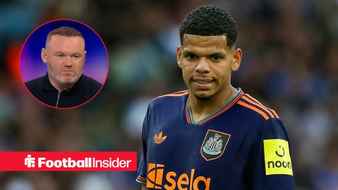 Newcastle striker Will Osula in action during a game, as pundit Wayne Rooney watches from a circular inset.