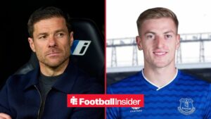 Xabi Alonso in the dugout, with Liam Delap edited in an Everton kit