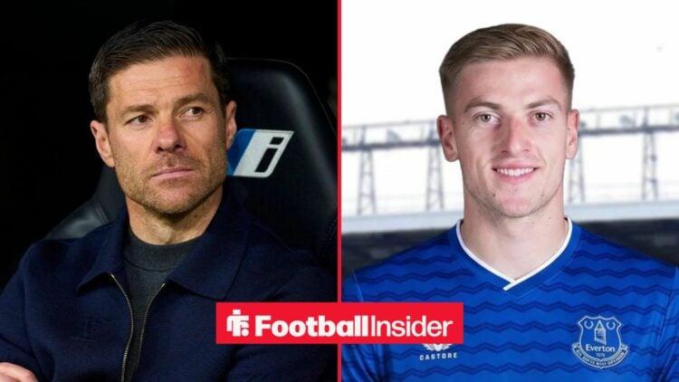 Xabi Alonso in the dugout, with Liam Delap edited in an Everton kit
