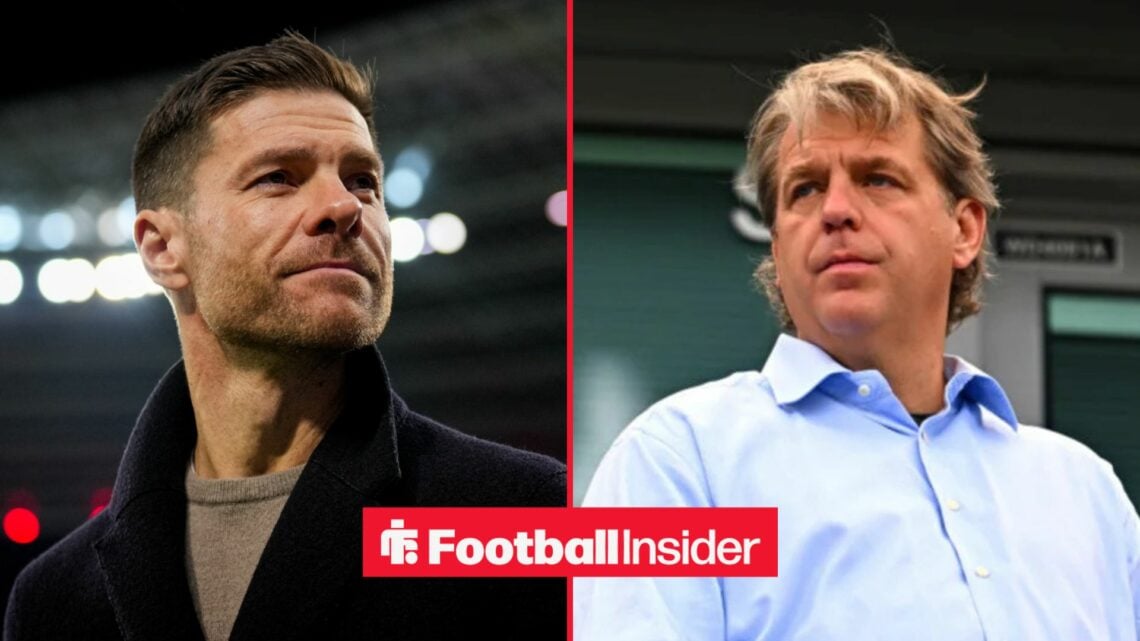 Xabi Alonso on the sidelines with Todd Boehly in the stands at Stamford Bridge