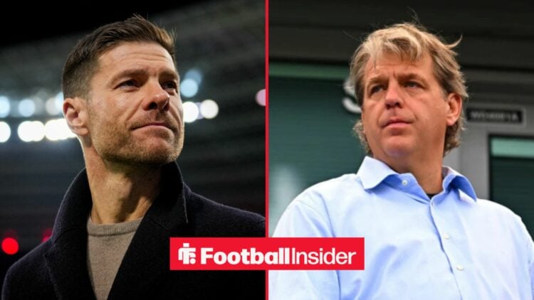 Xabi Alonso on the sidelines with Todd Boehly in the stands at Stamford Bridge