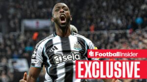 Newcastle United striker Yoane Wissa celebrating a goal at St James' Park