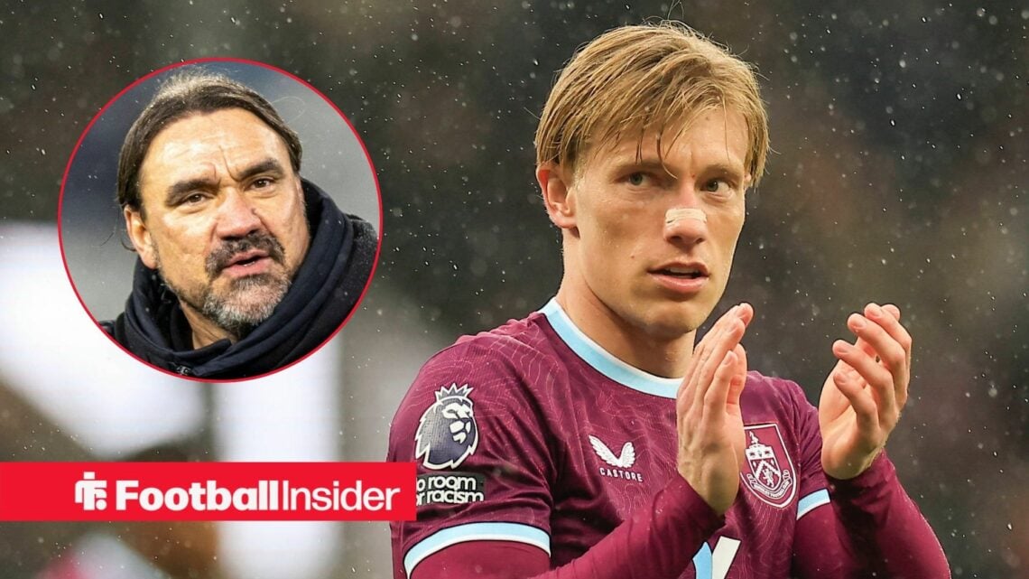 Zian Flemming in action for Burnley, with Daniel Farke in a circular inset