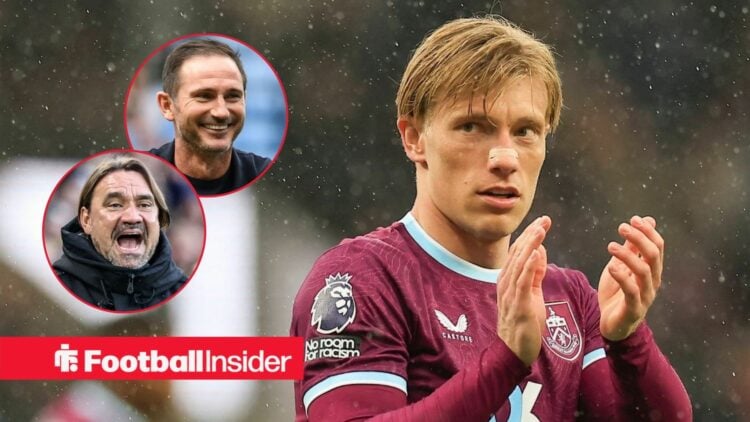 Zian Flemming in action for Burnley, with Frank Lampard and Daniel Farke in circular insets