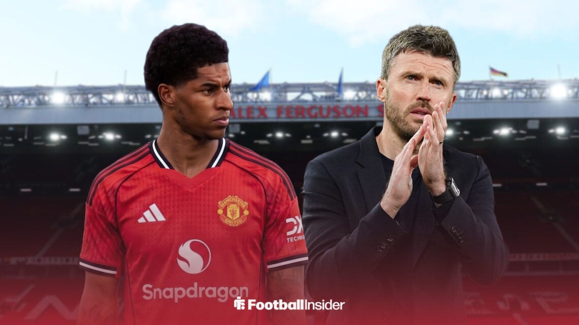 Marcus Rashford in a Manchester United kit alongside Michael Carrick at Old Trafford.