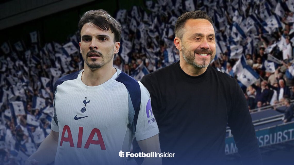 Joao Palhinha in a Tottenham kit alongside Spurs manager Roberto De Zerbi at the Tottenham Hotspur Stadium.